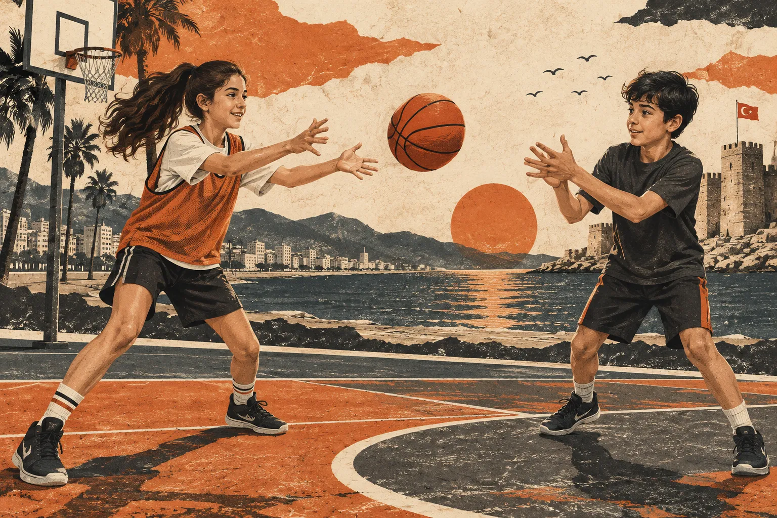 Birlikte basketbol öğrenen çocuklar