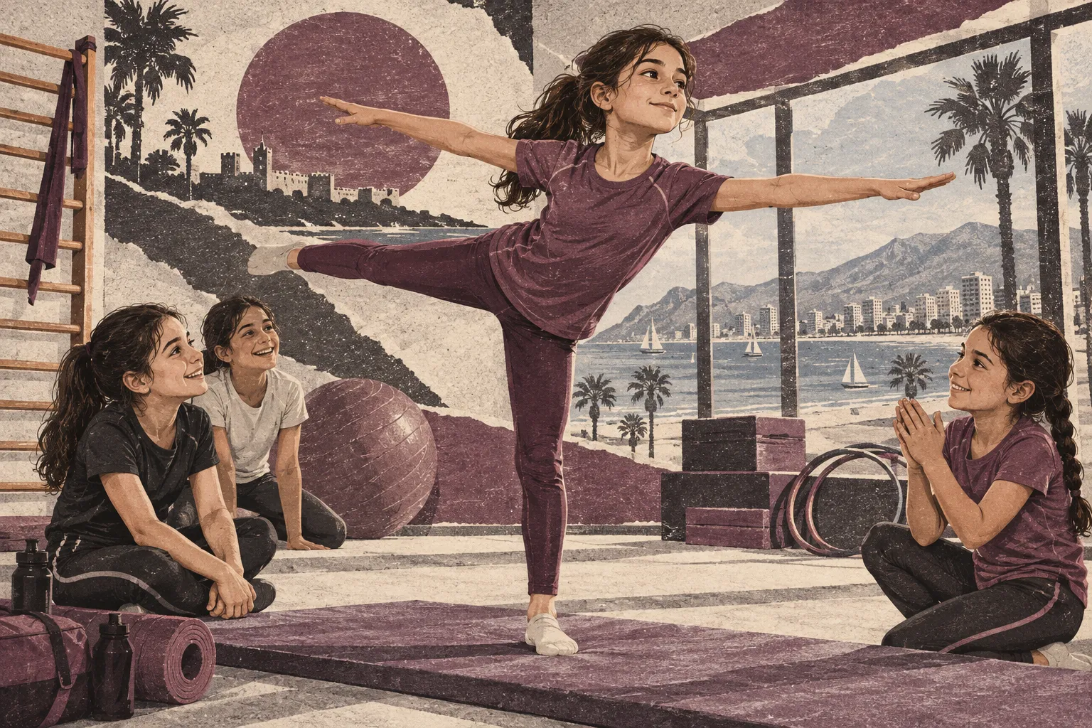 Arkadaşlarıyla denge çalışması yapan çocuk sporcu