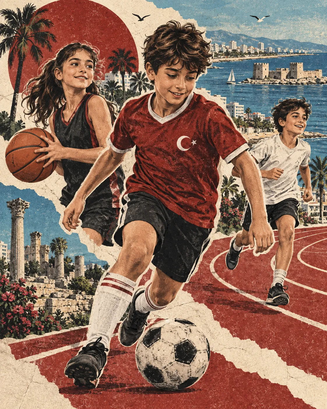 Mersin kıyısında futbol, basketbol ve koşuyla buluşan çocukların dokulu spor afişi