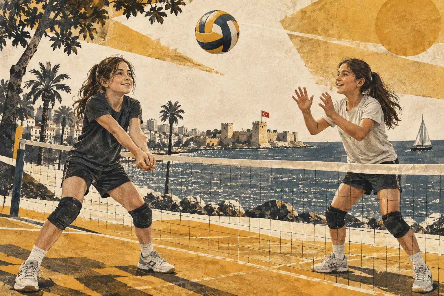 Voleybol pas çalışması yapan genç sporcular